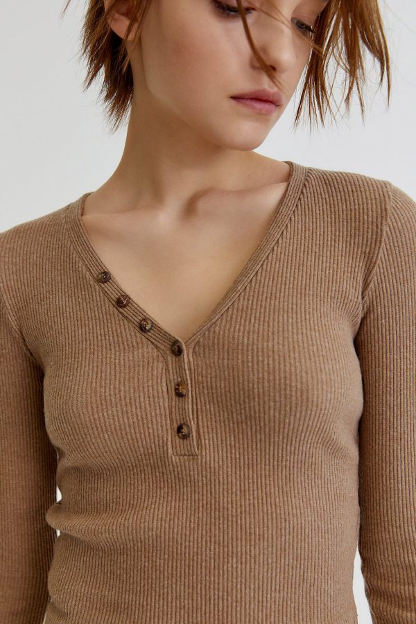 Ribbed V-Neck Cardigan With Rhinestone Detail - Image 4